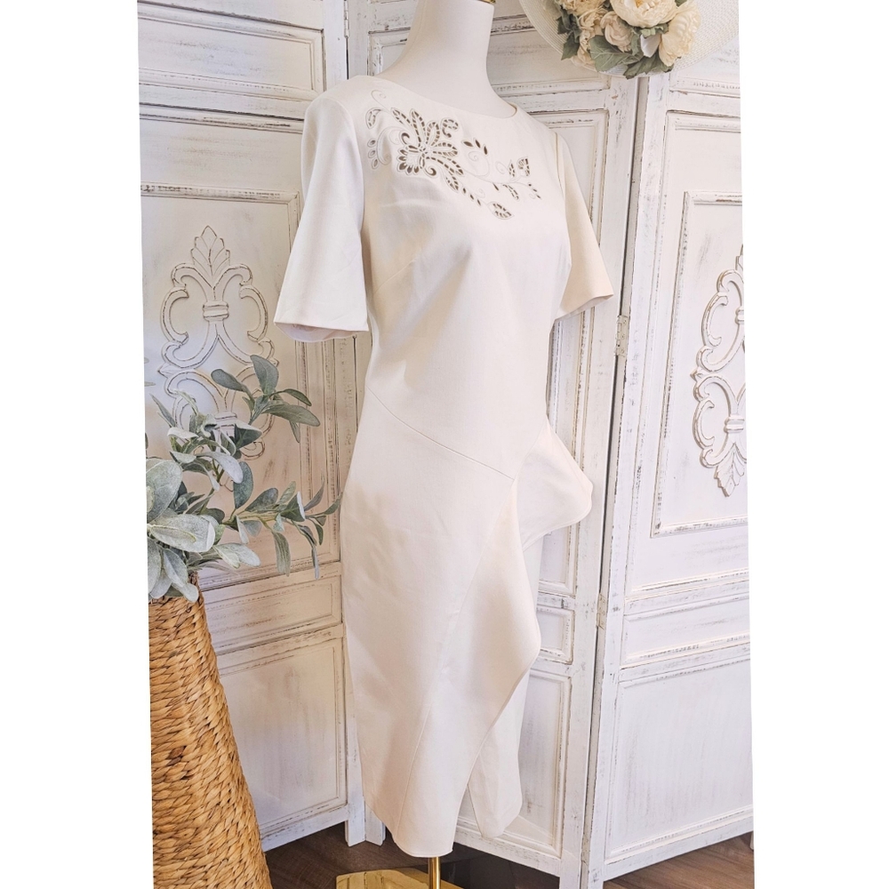Worth NY Cream Embroidered Round Neck Asymmetric Ruffle Hem Sheath Dress